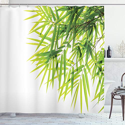 ABAKUHAUS Bambú Cortina de Baño, Paz de la Hoja de bambú, Material Resistente al Agua Durable Estampa Digital, 175 x 200 cm, Verde Blanco