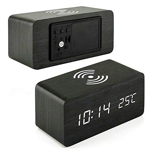 ALLOMN Despertador, Reloj de Control de Voz de Escritorio Digital de Madera, con Carga Inalámbrica, Brillo de 3 Niveles, Pantalla de Hora/Fecha/Humedad/Temperatura 3 Alarmas (Negro)