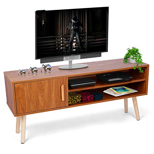 amzdeal Mueble TV,112L x 25.5H x 30W cm, soporte para TV de madera para sala de estar con puerta de armario y 2 estantes, marrón