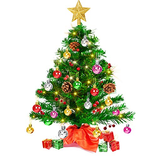Árbol de Navidad Artificial 50 cm, Árbol de Navidad Pequeño con Luces LED de Colores y otros adornos de bolas, bayas, piñas, cajas, copa de árbol, mini árbol Decoración navidad para mesa, oficina