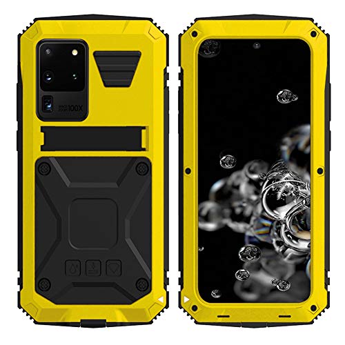 Astart Carcasa para Samsung S20 Ultra, resistente a las caídas, de metal, con protector de pantalla integrado, resistente, de silicona, estándar militar para S20 Ultra (amarillo)