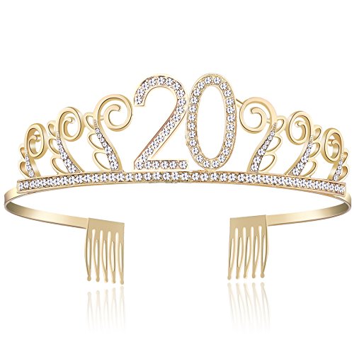 BABEYOND - Tiara de cumpleaños, diseño de princesa, color rosa o plateado, diamantes felices 18/20/21/30/40/50/60/90 Oro de 20 años. Talla única