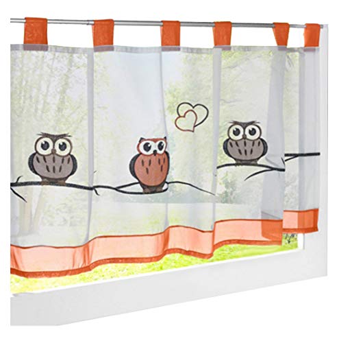 BAILEY JO Pack de 1 visillo bordado con búho, cortina de voile (alto x ancho 60 x 145 cm, naranja)