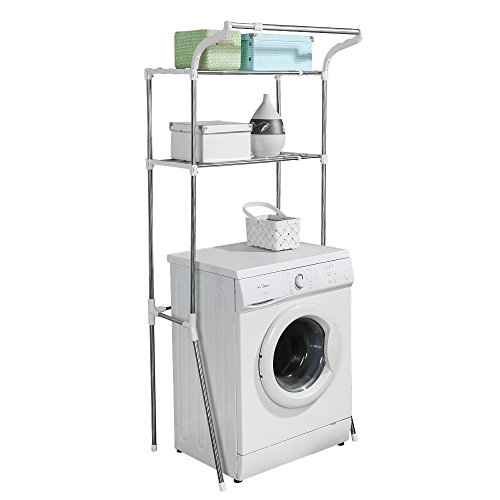 BAOYOUNI 2 Niveles Estante Almacenamiento sobre Inodoro/WC/Lavadora, Estantería para Baño de Metal Multiusos, Ahorro Espacio, Ancho Ajustable 62-101cm, Blanco Marfil