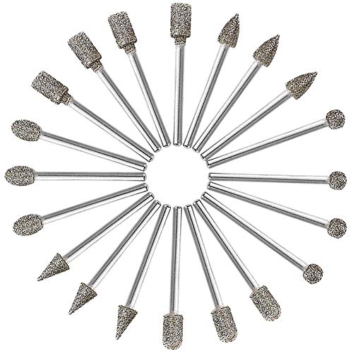 BESLIME Juego de Brocas de Diamante Muela - Diamond Burr Set, Accesorios para Herramientas Rotatorias/Bricolaje, Carpintería, Herramientas de Grabado- 3 mm de vástago, 20 Piezas