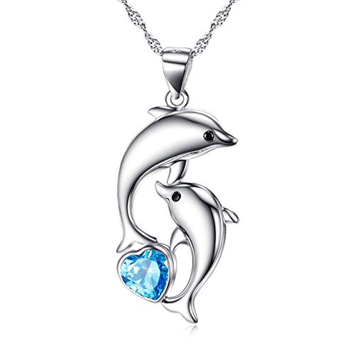 BGTY Collar de delfín de plata de ley 925 con circonita cúbica azul, colgante de doble delfín con cadena ondulada, 45,72 cm, caja de regalo de joyería