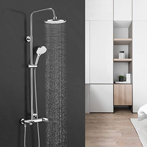 BONADE Conjunto de Ducha Redonda con Grifo Columna de Ducha Altura Ajustable (102-159 cm) Sistema de Ducha Latón con Cabeza de Ducha Lluvia y Ducha de Mano con 3 Chorros de Agua para Baño