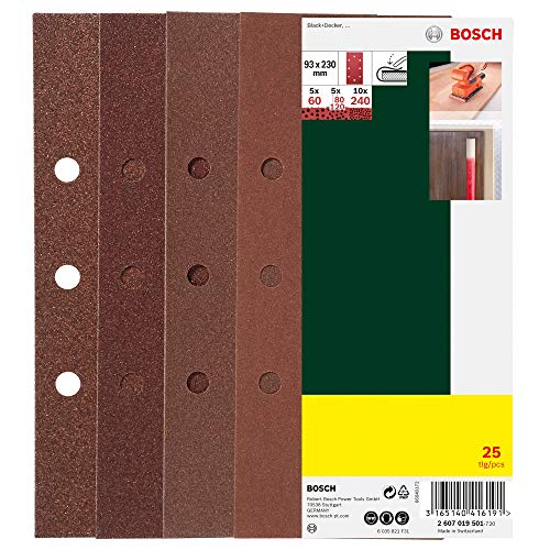 Bosch 2607019501 - Paquete de 25 lijas para lijadoras orbitales (93 x 230 mm, 8 perforaciones Black & Decker, grano 60, 80, 120, 240)