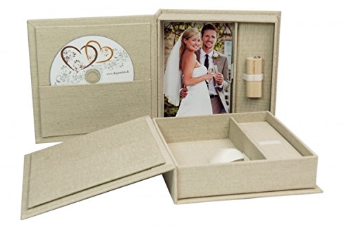 Caja para CD o USB con caja de fotos, tela de lino natural. Caja para CD o USB con caja de fotos, tela de lino natural.