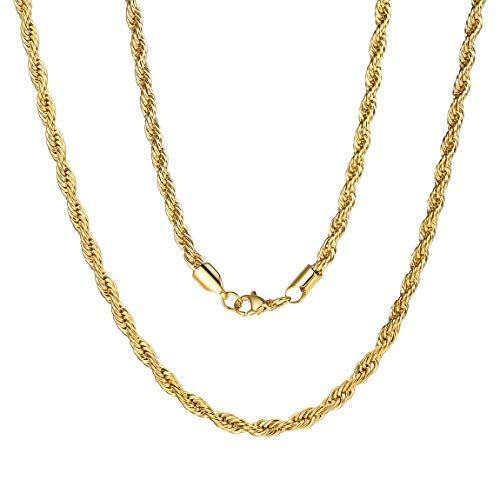 ChainsPro Cordón Tranzado de Collar 3mm 20 Inch Largo Acero Inoxidable Oro Amarillo Real Joyería Gruesa Fina para Masculino y Femenino