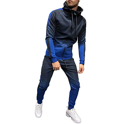 Chándal Completo de Hombre 2 Piezas Conjunto Ropa Chandal de Hombre Sudadera Cárdigan de Manga Larga con Capucha y Bolsillos + Pantalones Largos Casual Deportivo Primavera Otoño (Azul 1, L)