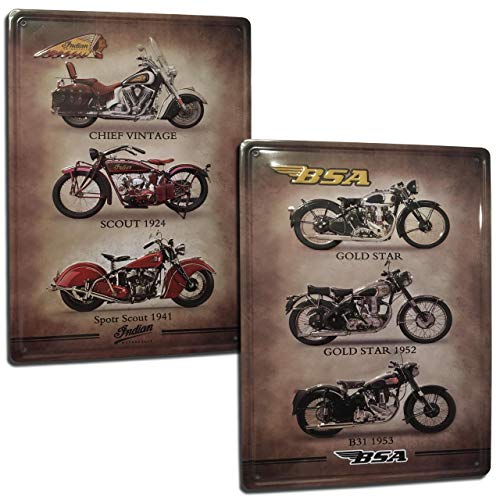 Chapas Vintage de Motos. Indian y BSA. Set de 2 Carteles/Placas metálicas Decorativas Retro de Motos para Pared de Salón, Bar, Taller, Garaje. Tamaño 20x30.