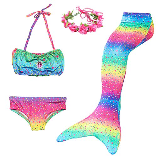 Cola de Sirena Niña 4pcs Traje de Baño Mermaid Bikini Establece Disfraz de Sirena para Niña Princesa Cosplay Conjuntos con Diadema de Flores