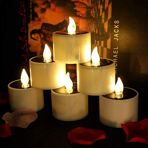 Conjunto de 6 velas solares Luz de té con velas LED sin llama con energía solar parpadeante Perfecto para Navidad, decoración del día de San Valentín, centro de mesa de fiesta, cumpleaños, bodas
