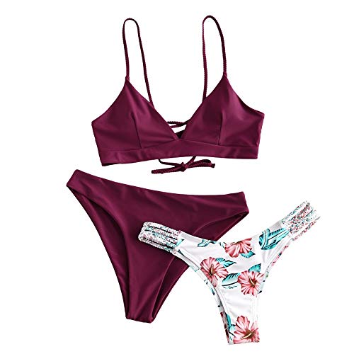 Conjunto de bikini Zaful para mujer compuesto por dos piezas con sujetador ajustable en la espalda y efecto realzador, escote triangular y estampado de flores Cenefa roja L Conjunto de bikini Zaful para mujer compuesto por dos piezas con sujetador ajustable en la espalda y efecto realzador, escote triangular y estampado de flores Cenefa roja L