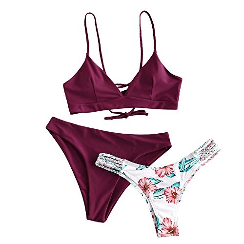 Conjunto de bikini Zaful para mujer compuesto por dos piezas con sujetador ajustable en la espalda y efecto realzador, escote triangular y estampado de flores Cenefa roja L