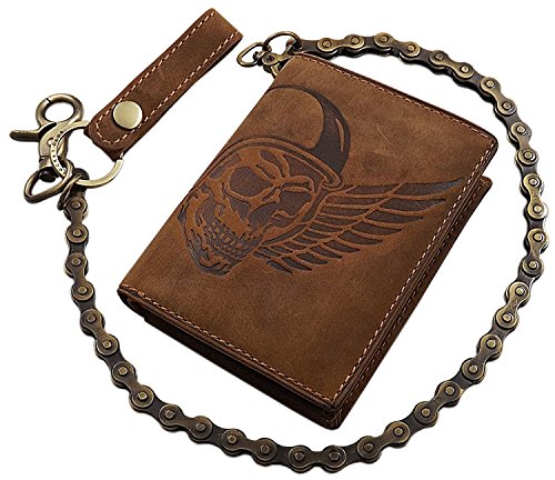 Cuero de búfalo Cartera con Cadena metálica con Calavera-Motivo en Formato Vertical o Formato oblongo con Bloqueo RFID y NFC en marrón (Modelo 1 / Formato Vertical/Marrón) Cuero de búfalo Cartera con Cadena metálica con Calavera-Motivo en Formato Vertical o Formato oblongo con Bloqueo RFID y NFC en marrón (Modelo 1 / Formato Vertical/Marrón)