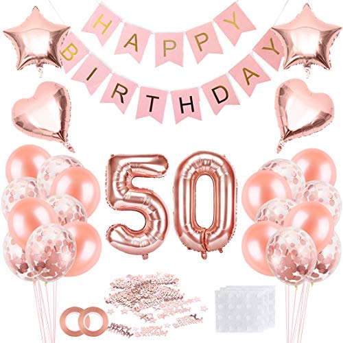 Cumpleaños Globos 50, Decoración de cumpleaños 50 en Oro Rosa, Feliz cumpleaños Decoración Globos 50 Años, 50 Globos de Confeti y Globos de Aluminio para niñas y Mujeres