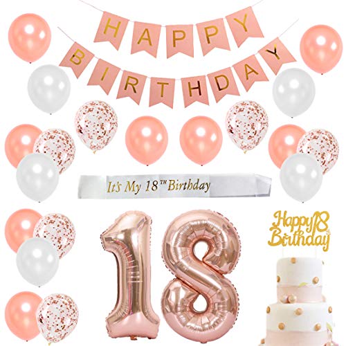 Dieciocho cumpleaños con decoraciones en oro rosa para niña - Artículos para fiesta de cumpleaños con faja blanca satinada, adorno para pasteles, globos número 18, pancarta rosa para feliz cumpleaños