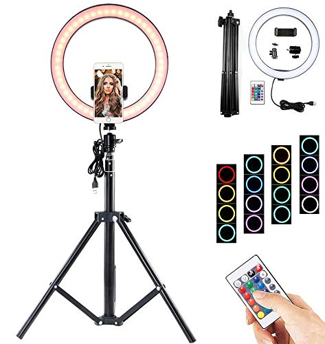 Donpow Anillo de luz de 10 con luz LED de trípode Ajustable, Control Remoto RGB de 4 Modos con Soporte de lámpara y Diapositiva, Adecuado para cámara, Video para Youtube, Selfie, grabación de Video