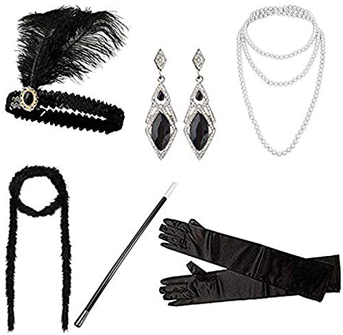 DRESHOW 1920s Accesorios Set Años 20 Fiesta Disfraz Gran Gatsby Diadema, Collar, Guantes,Pendientes, Porta Cigarrillos para Mujeres