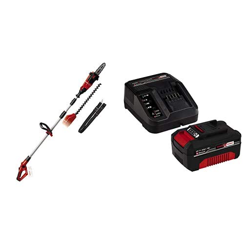 Einhell GE-HC 18 Li T-Solo -Pack con herramienta multifuncional sin cable, motosierra y cortasetos, mango telescópico + 4512042 Kit con Cargador y batería de repuest, tiempo de carga: 60 Minutos