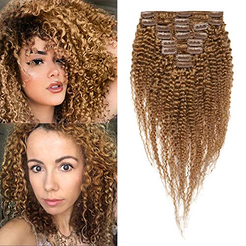 Elailite Extensiones Pelo Natural Afro Kinky Rizada Clip Cabello Humano Cortina Gruesas 8 Piezas 18 Clips 100% Remy Ondulada 8"/20CM Pesa 95g #27 Rubio Oscuro