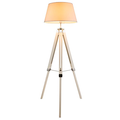 Elegante lámpara de pie tipo trípode con pantalla de textil, de altura regulable. Madera blanca