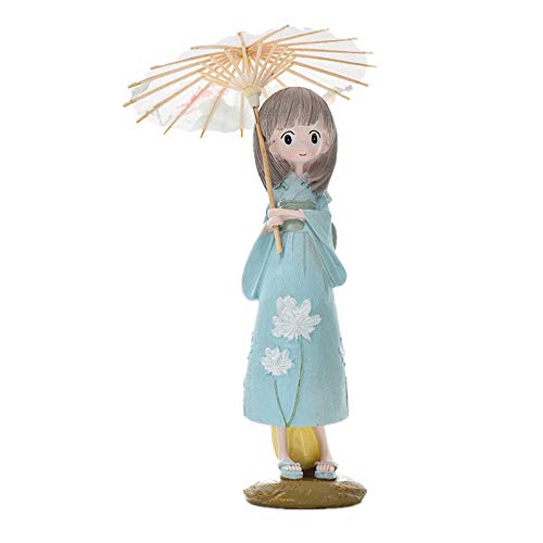 Esculturas,Estatua De Resina Preciosa Chica Kimono Azul Figuritas Kawaii Niña con Sombrilla Miniatures Japón Artesanía Estatuillas A Vintage A La Decoración del Hogar