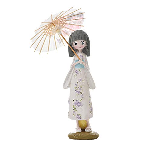 Esculturas,Estatua De Resina Preciosa Chica Kimono Blanco Figuritas Kawaii Niña con Sombrilla Miniatures Japón Artesanía Estatuillas A Vintage A La Decoración del Hogar