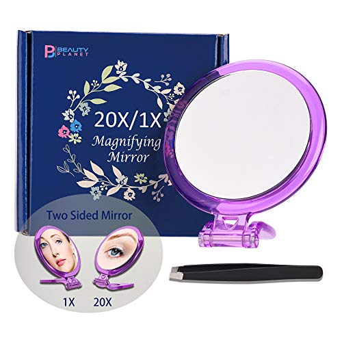 Espejo de dos caras, Espejo de aumento 20X/1X, Espejo para maquillaje plegable con soporte/portátil, para usar en aplicaciones de maquillaje.(Púrpura)