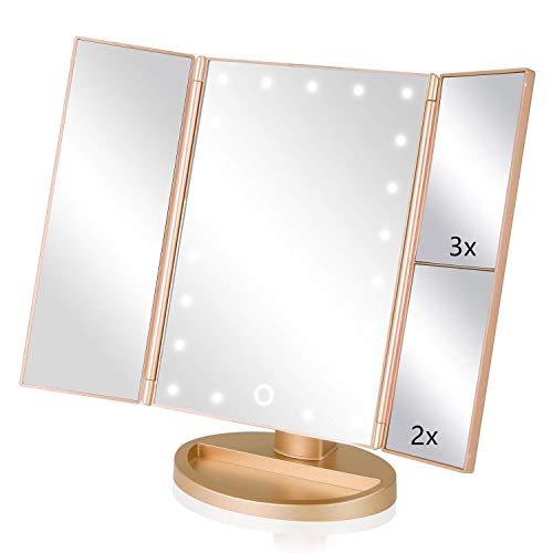 Espejo de Maquillaje con LED,Espejo de Maquillaje Tríptico con Aumento 1x, 2X, 3X, Espejo Cosmético Pantalla Táctil en Iluminacíon 21 Led, Adjustable 180º (Oro)