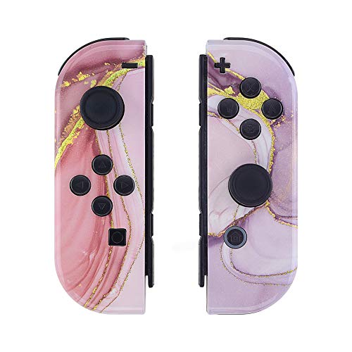 eXtremeRate Carcasa para JoyCons de Nintendo Switch Funda de Agarre Shell Cubierta Case con ABXY Drecctión Botones para Nintendo Switch No Incluye Carcasa de Consola(Cósmico de Mármol Rosa Dorado)
