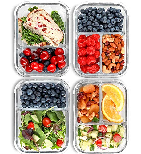 FIT Recipientes de 2, 3 compartimentos para comidas [Paquete de 4, 1000 ML] - Recipientes con tapas para almacenar comida, recipientes sin BPA, bento, vianda, control de porciones, herméticos