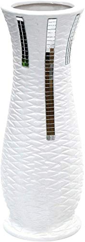 Florero Ondulado Blanco de cerámica de 30 cm de Alto, Acampanado y   Tiras de Espejo amp