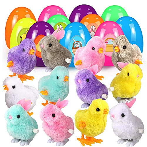 FunsLane 12Pcs Huevos de Pascua Rellenos, Juguetes de Pascua Conejos y Polluelos enrollados, Conejitos de Pollo saltarines Coloridos de 3.9" + 2 Pegatinas de Pascua para niños