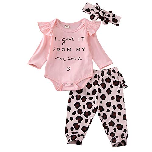 Geagodelia - Conjunto de ropa para bebé recién nacido, camiseta de manga larga + pantalón impreso + diadema Rose Léopard 0-3 Meses
