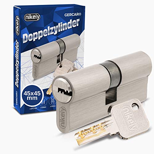 GERCAR Cilindro de cerradura profesional 45/45 de doble cilindro macizo cerradura de cilindro para puerta – de latón niquelado – Incluye 5 llaves – Longitud: 90 mm, A: 45 B: 45 – 1 x GERCAR Cilindro de cerradura profesional 45/45 de doble cilindro macizo cerradura de cilindro para puerta – de latón niquelado – Incluye 5 llaves – Longitud: 90 mm, A: 45 B: 45 – 1 x