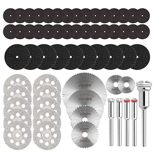 Gobesty Juego de ruedas de corte para herramienta rotativa, 61 unidades de discos de corte de diamante con 5 mandriles de resina de metal para herramientas de corte de madera, metal y piedra Gobesty Juego de ruedas de corte para herramienta rotativa, 61 unidades de discos de corte de diamante con 5 mandriles de resina de metal para herramientas de corte de madera, metal y piedra
