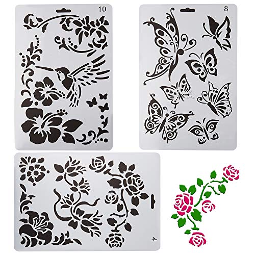 GORGECRAFT 3 plantillas de plástico para dibujar, diseño de mariposas y flores rectangulares, para cuaderno, diario, álbum de recortes, tarjetas de diario, proyectos de manualidades, color blanco