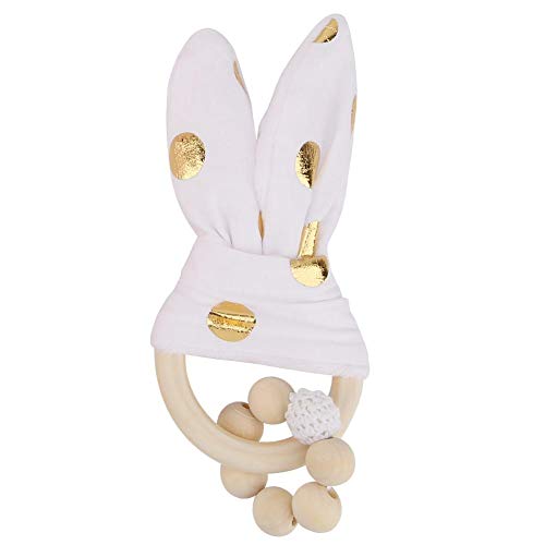 Granos coloridos hechos a mano Mordedor, adorable de madera conejito orejas anillo de dentición formación sensorial juguete decoración colgante para bebés niños pequeños (White)
