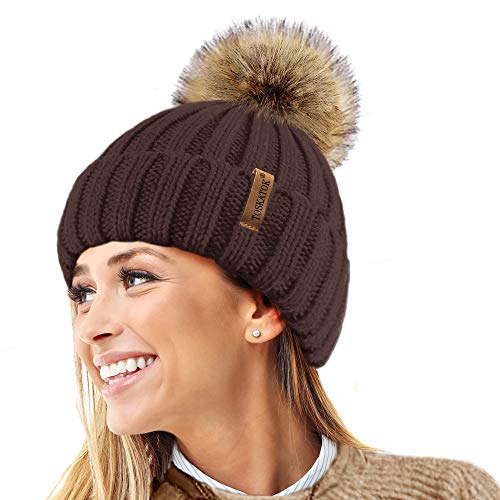 Hat Tricks by PARIELLA TM Womens Winter Rib Knitted Hat/Beanie with Detachable Chunky Faux Fur Bobble Pom Pom - Available in 5 Colours