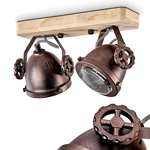 Herford - Lámpara de techo ajustable (metal, madera y cristal, 2 focos, 2 casquillos GU10, máx. 50 W), diseño retro, apto para LED Herford - Lámpara de techo ajustable (metal, madera y cristal, 2 focos, 2 casquillos GU10, máx. 50 W), diseño retro, apto para LED
