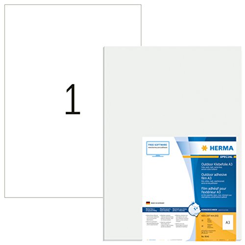HERMA 9542 - Etiquetas adhesivas resistentes a la intemperie, DIN A3 (297 x 420 mm, 10 hojas, polietileno, mate), autoadhesivas, imprimibles, extremadamente adhesivas, color blanco