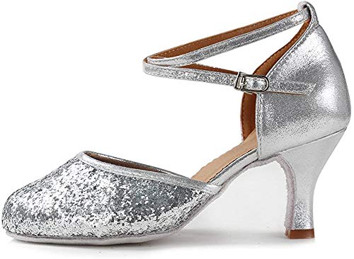 HIPPOSEUS Zapatos de Baile de Lentejuelas de Plata para Mujer con Dedos Cerrados Zapatos de Baile de práctica Zapatos de Baile de Boda estándar, Modelo WX-CL, Plata Color,EU 36/3.5 UK