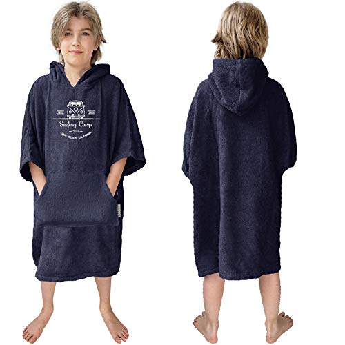 HOMELEVEL Poncho de playa de rizo para niños con capucha y bordado, 100% algodón, poncho de playa, poncho de baño (6-9 años, azul marino)