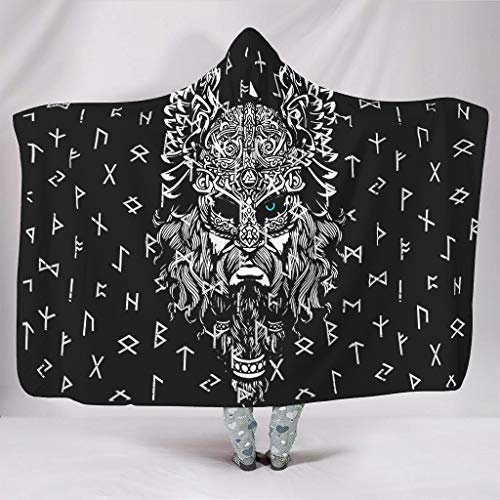 Hothotvery Manta con capucha con diseño vikingo Odin con casco, cuervo guerrero, con capucha, elegante, para niños, color blanco, 150 x 200 cm