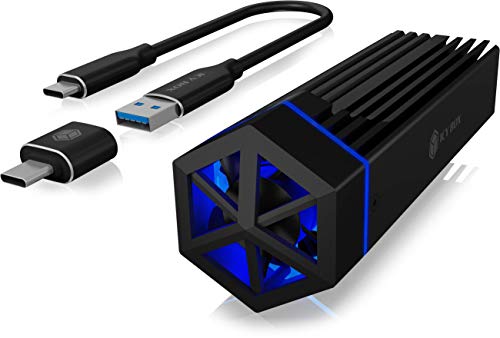 ICY BOX M.2 NVMe 60713 - Carcasa con Ventilador y iluminación RGB USB 3.1 Gen2 (10 Gbps) para SSD M.2, Aluminio, Color Negro