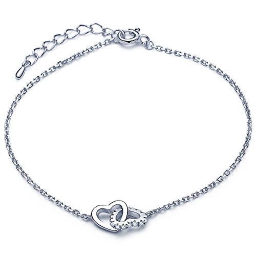 Infinite U - Pulsera clásica con dos corazones unidos y adornados con circonitas, plata fina 925, color plata, longitud ajustable, para mujer o niña