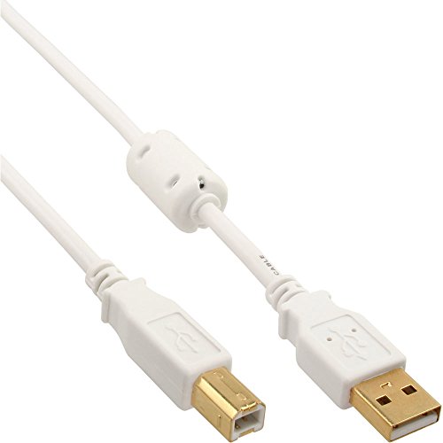 InLine 34550W - Cable USB 2.0 (conector A a B, con núcleo de ferrita, 10 m), color blanco y dorado